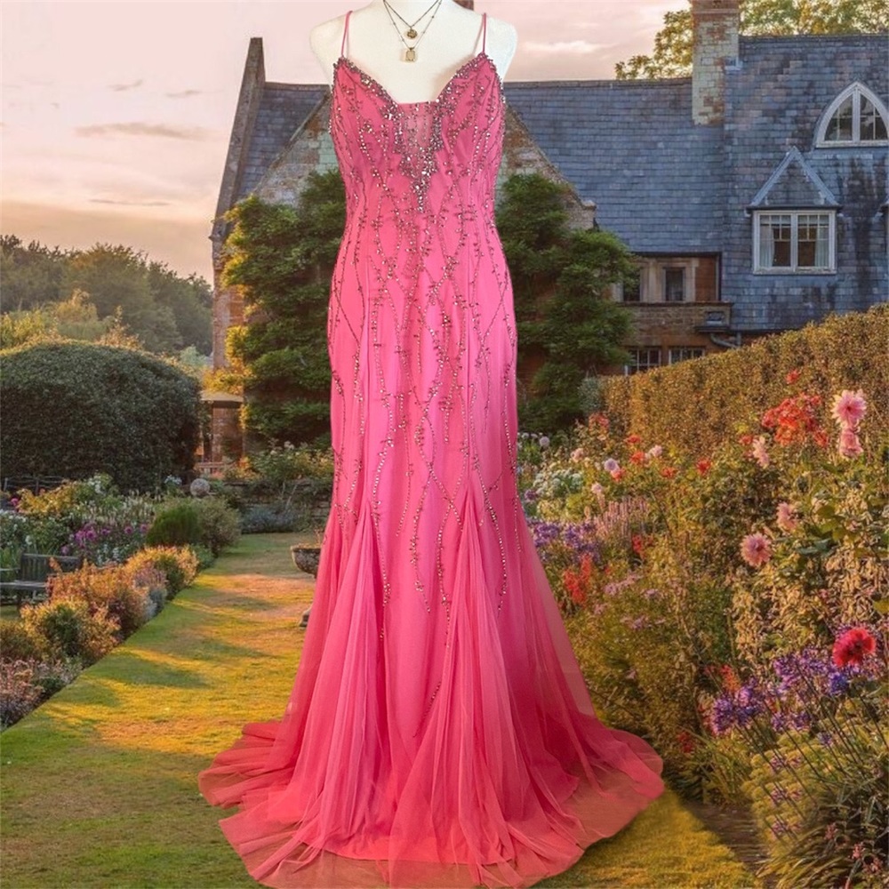 Pink beaded+sequined prom dress size S vintage 90s